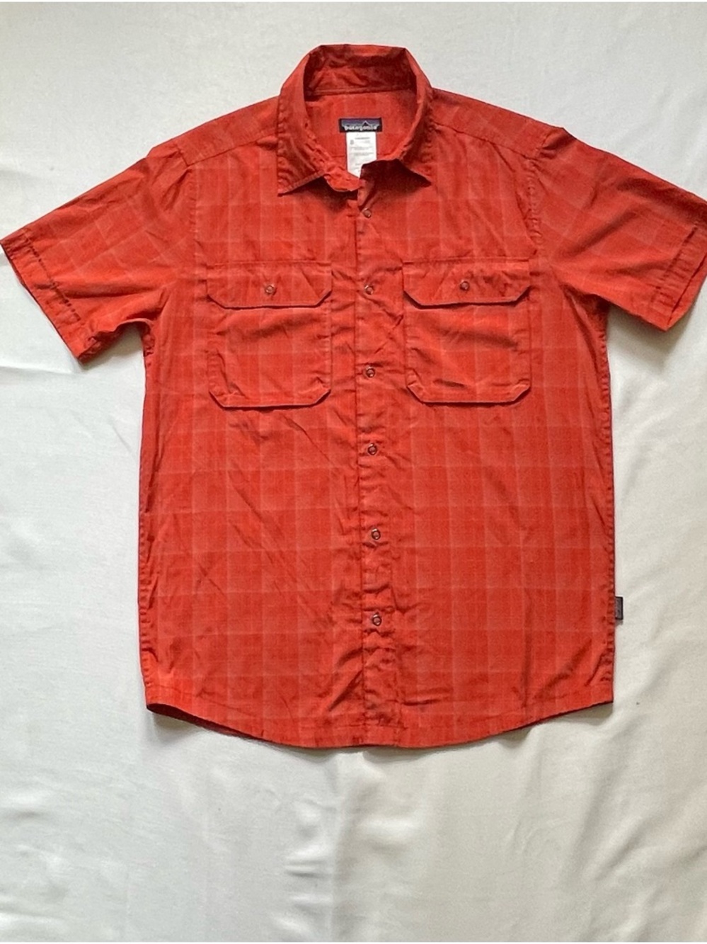 Patagonia Plaid Woven Snap-Up Shirt Orange Short Sleeve Size S Chest Pocket